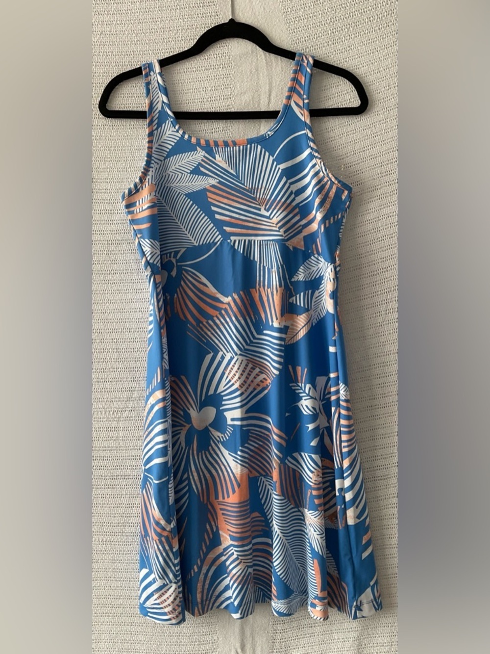 Blue Floral-Print Sleeveless Midi Dress with Peach and White Accents